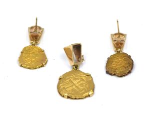 1715 FLEET SPANISH SHIPWRECK GOLD ESCUDO COIN EARRINGS DIAMOND PENDANT CERTIFIED 2