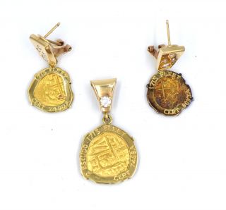 1715 FLEET SPANISH SHIPWRECK GOLD ESCUDO COIN EARRINGS DIAMOND PENDANT CERTIFIED 3
