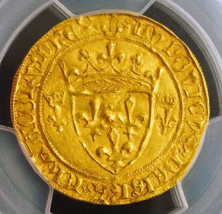 1461,  Royal France,  Louis Xi.  Gold Ecu (w.  Crowns) Coin.  Bordeaux Pcgs Au - 55