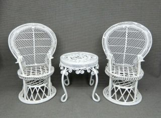 Vintage White Metal Patio Table & 2 Chairs Set Dollhouse Miniature 1:12