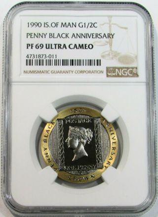1990 Gold Isle Of Man 1/2 Crown Penny Black Anniversary Ngc Proof 69 Ultra Cameo