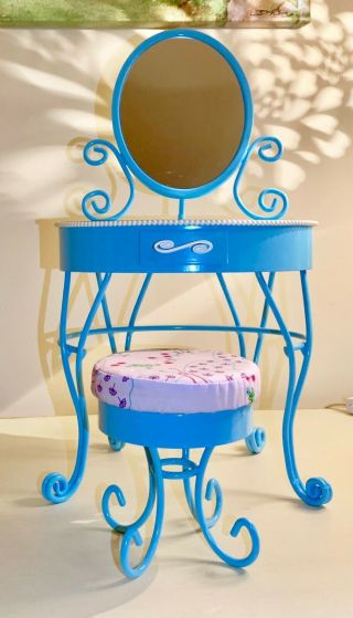 American Girl Doll Aqua Blue Vanity With Mirror And Chair