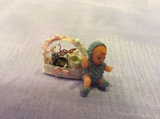 Miniature Dollhouse Baby Items Basket And Plastic Baby With Crocheted Clothes