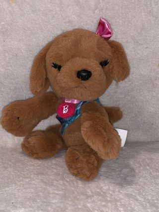 5” Mattel Barbie Pets Brown Puppy Dog With Pink Bow Blue Sash Plush Animal Euc