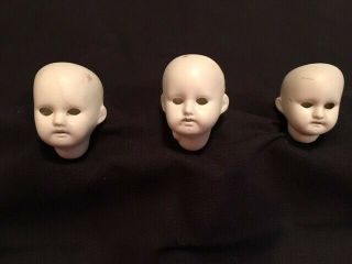 3 Vintage Bisque Porcelain Unpainted Doll Heads