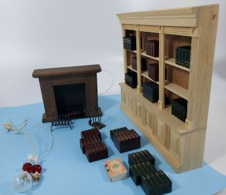 Dollhouse Library W/ Lighted Fireplace & Accessories,  2 Electrical Lights