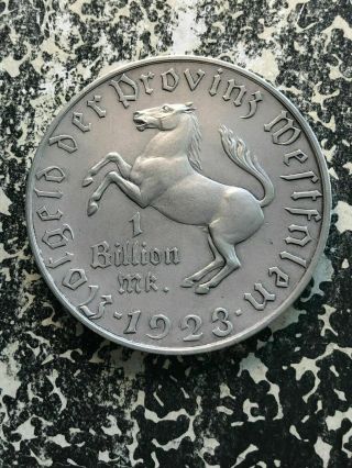 1923 Germany Westphalia Notgeld 1 Billion Mark Massive Silvered Bronze Piece