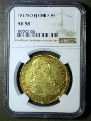 Spanish Colonial Chile 1817 So Fj Gold 8 Escudos Ngc Au - 58 Doubloon