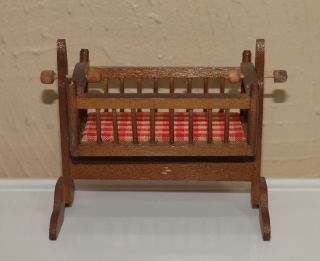 Vintage Dollhouse Miniature Wooden Swinging Cradle Bassinet W/ Mattress