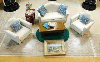 15 Piece Dollhouse Living Room Set Furniture Accessories Lamp Rug Art Sofa Table