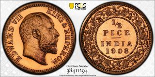 Y38 India British 1908 (c) 1/2 Pice Restrike Pcgs Proof - 65 Red Tied For Finest