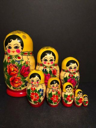 Vintage Matryoska Russian Handmade Hand Painted Wood Nesting Doll 8 Piece 9 Inch