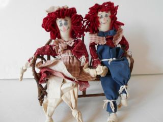 Vintage Folk Art Handmade Raggedy Ann & Andy Dolls Twig Love Seat Adorable