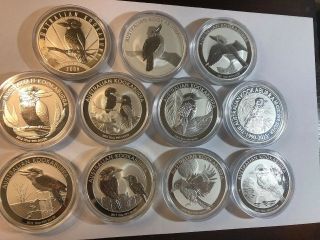 10 Ounce 999 Fine Silver Australian Kookaburra 2009 - 2019 11 Coins = 110 Tr Oz