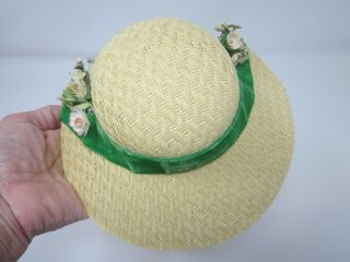 Vtg 1950 Plastic Straw Doll Hat Pretty Millinery Flowers & Green Velvet Ribbon