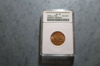 1913 - J Germany Hamburg 20 Marks Gold Ms63 Anacs