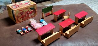 Doll School Puppen - Schule Miniature Wooded 11 Piece Set W/ Box Made In Germany