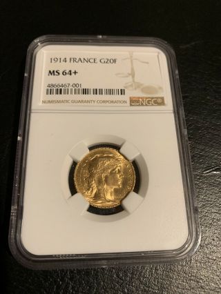 1914 Gold French Rooster 20 Francs Ngc Ms 64,  Coin France Ms64,