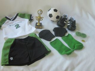 American Girl Soccer Star Set 2 Green White Black Outfit Trophy Hairbands Ball