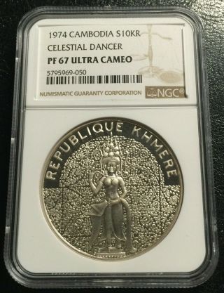 Cambodia 10000 Riels 1974 Silver Ngc Pf67uc Celestial Dancer