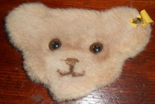 Steiff Teddy Coin Purse - Plush - Stitched Nose - Brass Button - Yellow Stock Tag