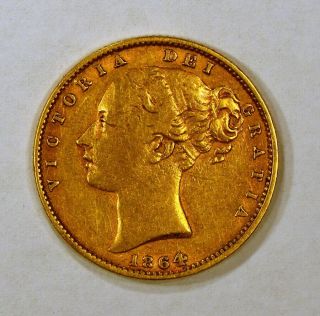 1864 Great Britain Gold Sovereign Queen Victoria Young Head W/crowned Shield