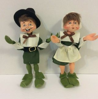 2012 Annalee 9 " Green Thanksgiving Pilgrim Boy & Girl Elf Set