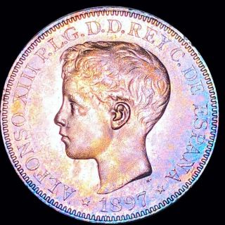 1897 Philippines Sg - V 1 Peso Silver Crown Gemmy Uncirculated.  Tough This