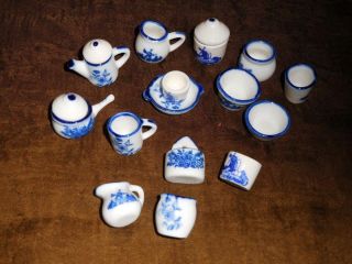 Dollhouse Miniature White & Blue Ceramic Dish Set