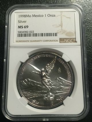 1998 Mo Mexico Silver 1 Oz Onza Libertad Ngc Ms 69 Rainbow Toning
