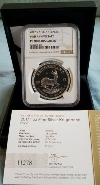 2017 Sa Silver Proof Krugerrand 50th Anniversary Ngc Pf70 Uc 11278