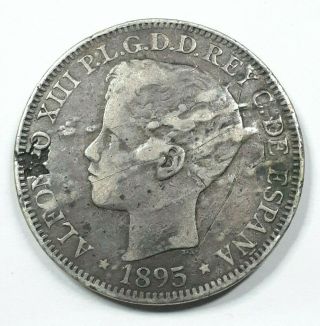 1895 Puerto Rico 1 Peso 5 P.  Tas Silver - Sea Salvage