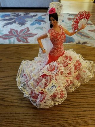 Marin Chiclana Spanish Flamenco Dancer Doll Red Dress Lace W/fan Vtg 10 " Tall