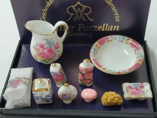 Dollhouse Miniature Reutter Porcelain Dresden Rose Bath Accessories 1:12 Scale 1