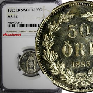 Sweden Oscar Ii Silver 1883 Eb 50 Ore Ngc Ms66 Gem Coin Better Date Km 740