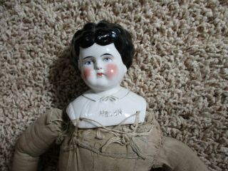 Old Stuffed Doll With Porcelain Head & Shoulders Made In Germany