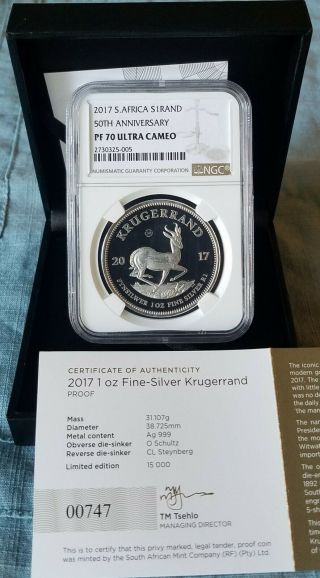 2017 Sa Silver Proof Krugerrand 50th Anniversary Ngc Pf70 Uc Low Low 745