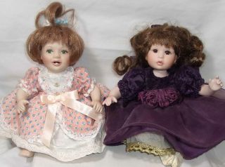 2 Miniature Porcelain Dolls - Artist Signed & Numbered - Dresses
