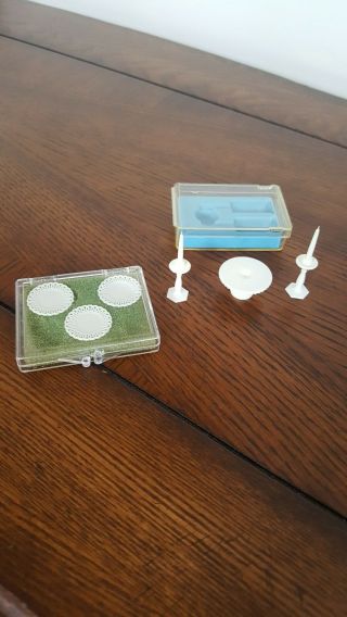 Dollhouse Miniature Chrysnbon White Lace Edged Plates,  Candlesticks,  Cake Plate