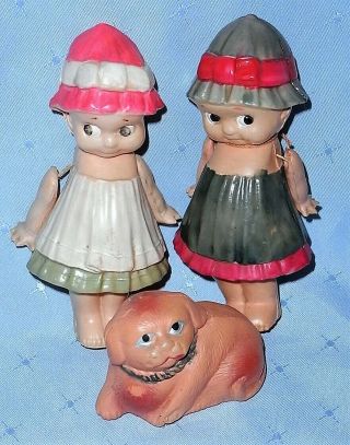 Vintage Celluloid Kewpie Dolls With Molded Clothes,  Hats And Dog