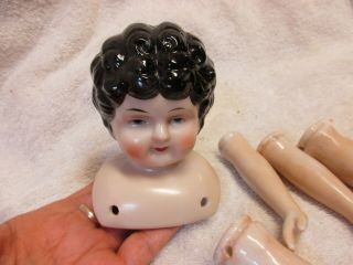 Vintage Ceramic Victorian Curly Top China Doll Head,  Arms & Legs Set