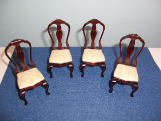 Set Of 4 Carved Wood Side Chairs - Doll House - White Upholstered Seats