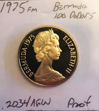 Gold Proof 1975 Bermuda 100 Dollars.  2034 Agw