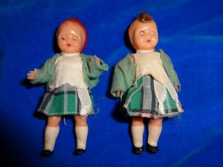 Vintage 2 Miniature Celluloid Sleep Eyed Doll House 3 1/4 " Dolls Made In Italy