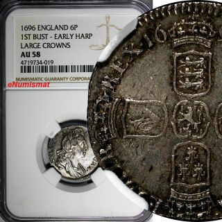 Great Britain William Iii Silver 1696 6 Pence Large Crown Ngc Au58 Km 484.  8