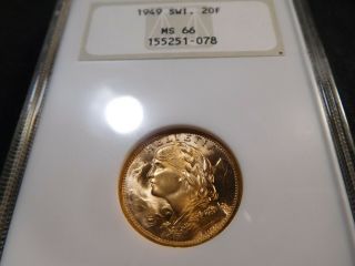 B48 Switzerland 1949 Gold 20 Francs Ngc Ms - 66 Old Fatty Holder