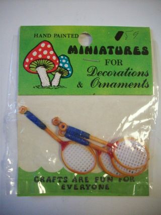 4 Miniature Mini Racquets Badminton Tennis Rackets Blue Dollhouse Decor Crafts