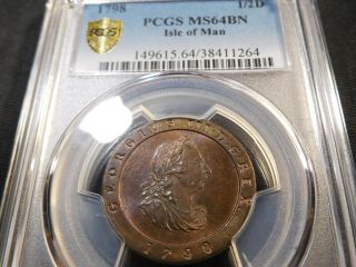 Y8 Great Britain Isle of Man 1798 1/2 Penny PCGS MS - 64 BN Tied For Finest 2
