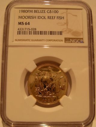 Belize 1980fm Gold $100 Ngc Ms - 64 Moorish Idol Reef Fish Mintage - 400