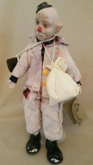 Porcelain Clown Collector Dream Doll 15 " Hobo Hat Red Nose Coat Patch Bedroll